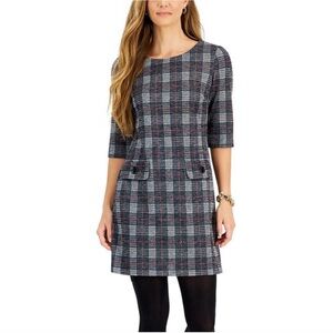 Connected Apparel Wm’s Sz 10 Plaid Burgundy Black & Gray 3/4 Sleeve A-Line Dress
